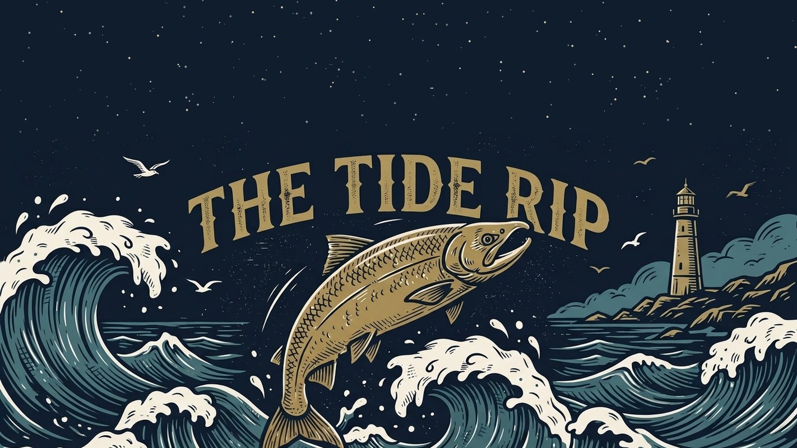 The Tide Rip: a leaping salmon, breaking waves and a lighthouse under a night sky